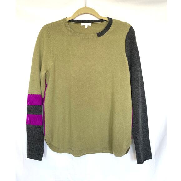 Lisa Todd Wool Cashmere Olive Green Purple Colorblock Crew Sweater, Medium - Picture 1 of 5